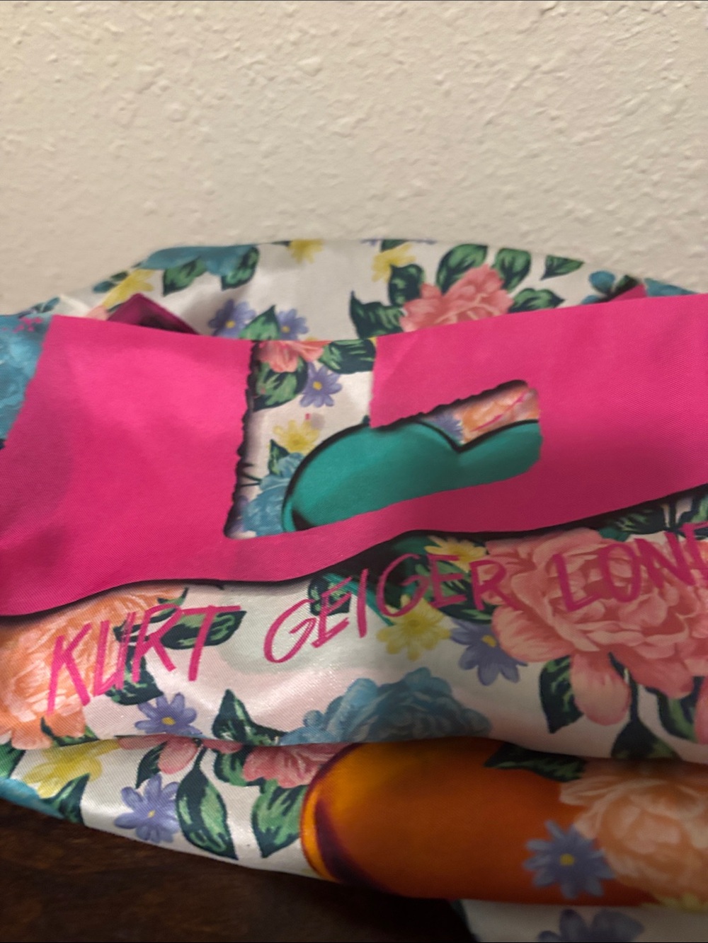 Kurt Geiger Floral Logo Scarf with Pink Accent